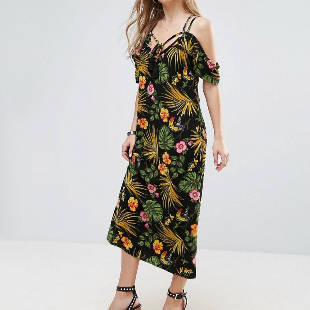 NWT Tropical Print Maxi Dress with Tassel Ties